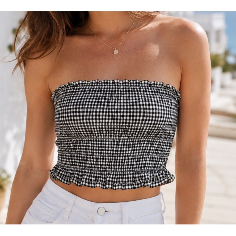 Japna Womens S Black White Gingham Smocked Ruffle Strapless Crop Tube Top NWT